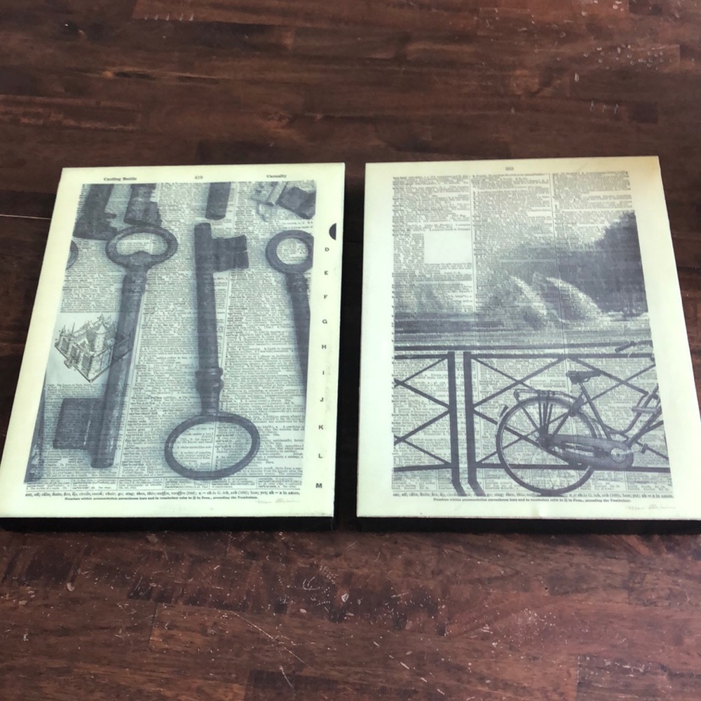 Vintage Style Wall Art Hangings Framed Keys Bicycle Set of 2